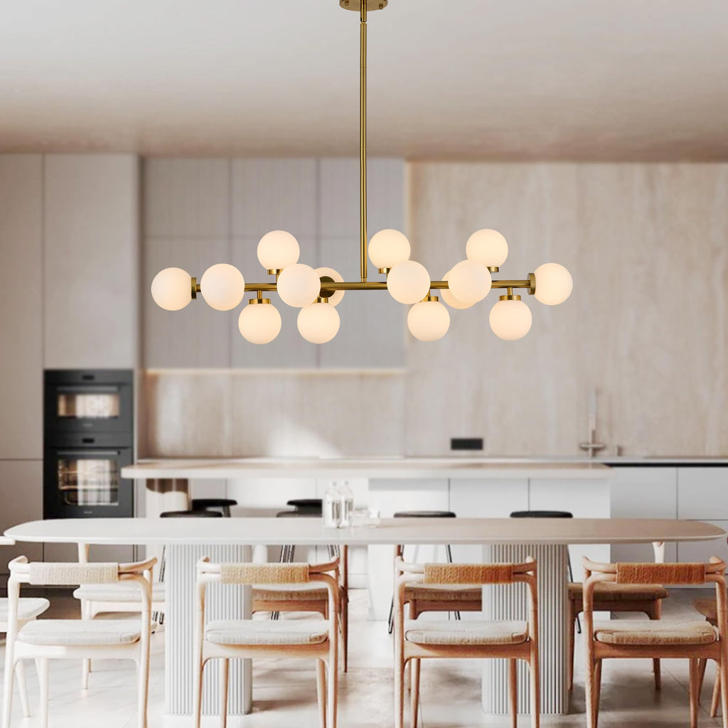 XILICON Linear Chandeliers Modern Brushed Brass Chandeliers for Dining Room 16-Lights and White Glass Pendant Lighting Mid Century Globe Dining Light Fixture for Living Room Kitchen