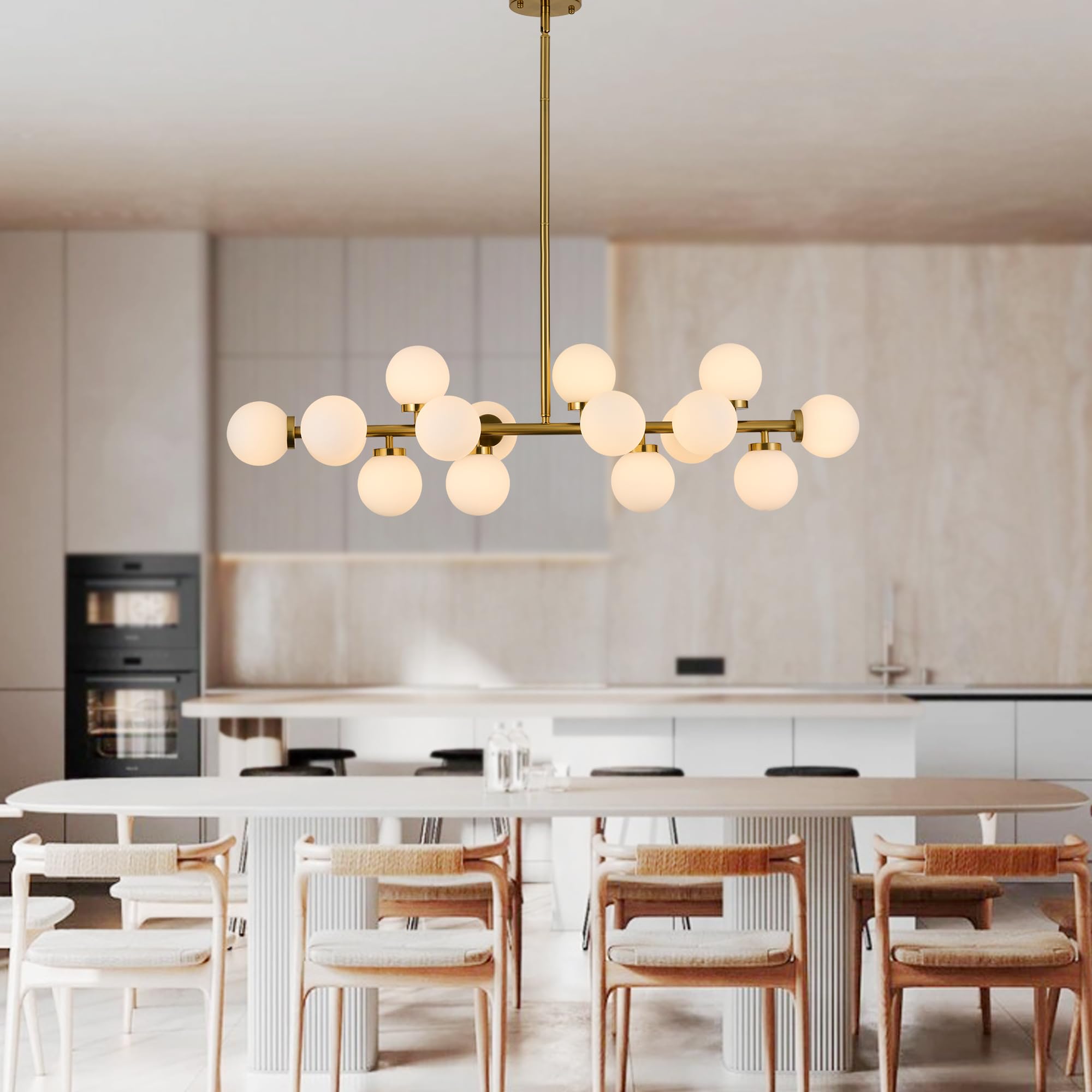 XILICON Linear Chandeliers Modern Brushed Brass Chandeliers for Dining Room 16-Lights and White Glass Pendant Lighting Mid Century Globe Dining Light Fixture for Living Room Kitchen