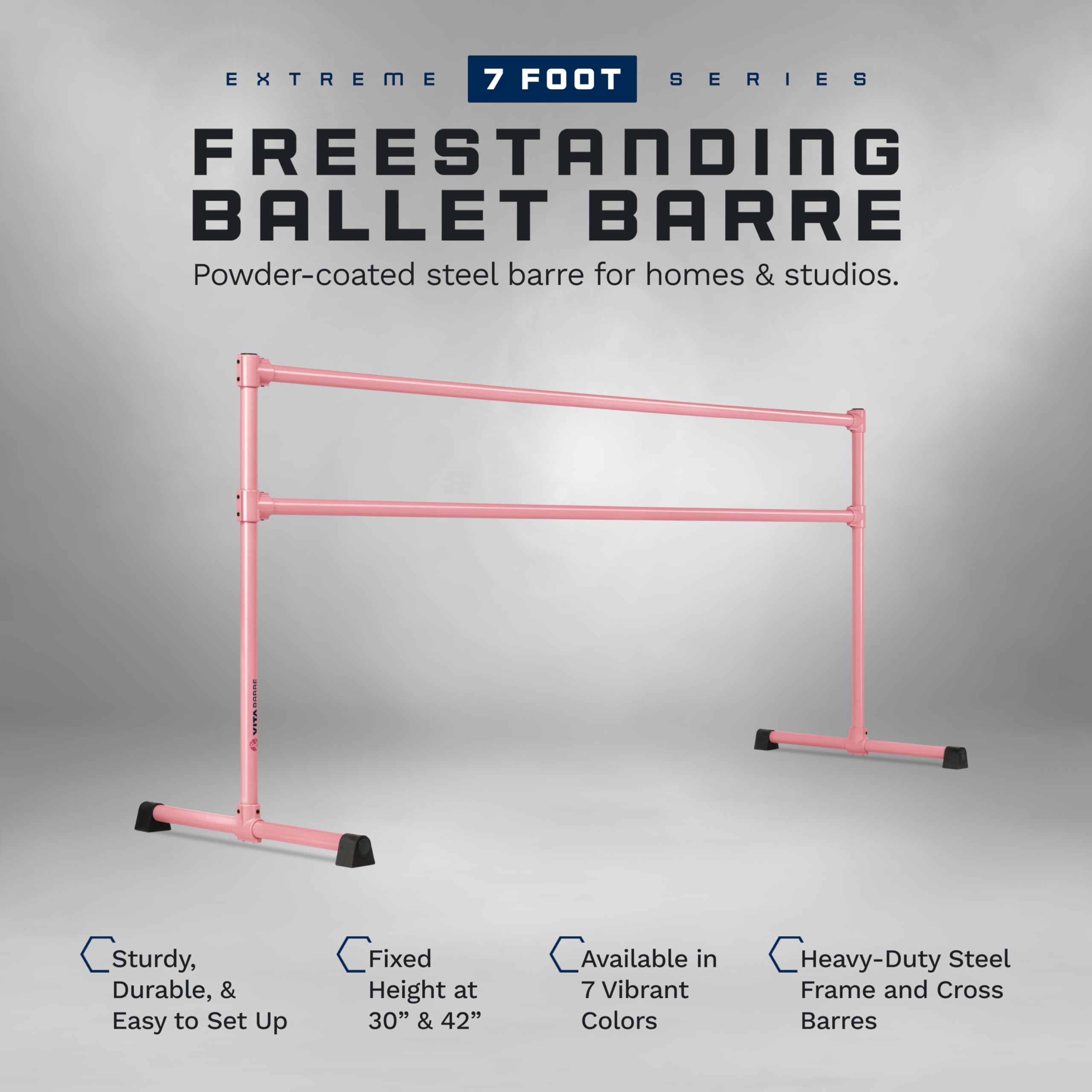 VITA Barre Portable Freestanding Double Ballet Barre, Extreme, 7 Ft Bars, Light Pink, Steel | Fixed Height, Made in USA, Home or Gym Exercise Equipment for Kids & Adults | Dance, Fitness, Pilates