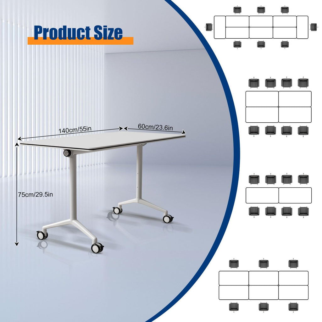 Modular Folding Conference Room Table with Wheels - 4 Pack Flip Top Mobile Training Table,Modern Meeting Tables 2-30 Person,White,55.1"x21.6"x29.5"