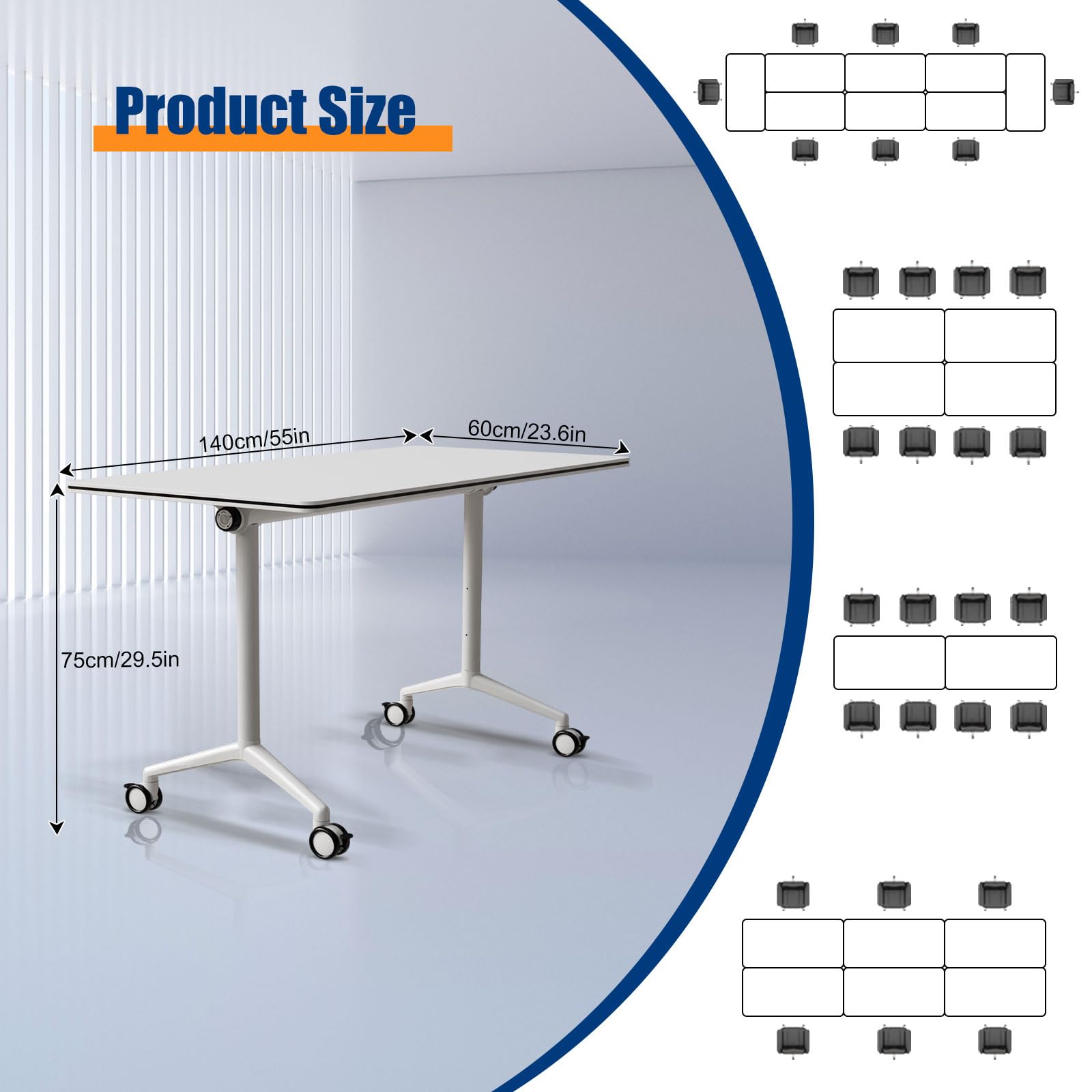 Modular Folding Conference Room Table with Wheels - 4 Pack Flip Top Mobile Training Table,Modern Meeting Tables 2-30 Person,White,55.1"x21.6"x29.5"
