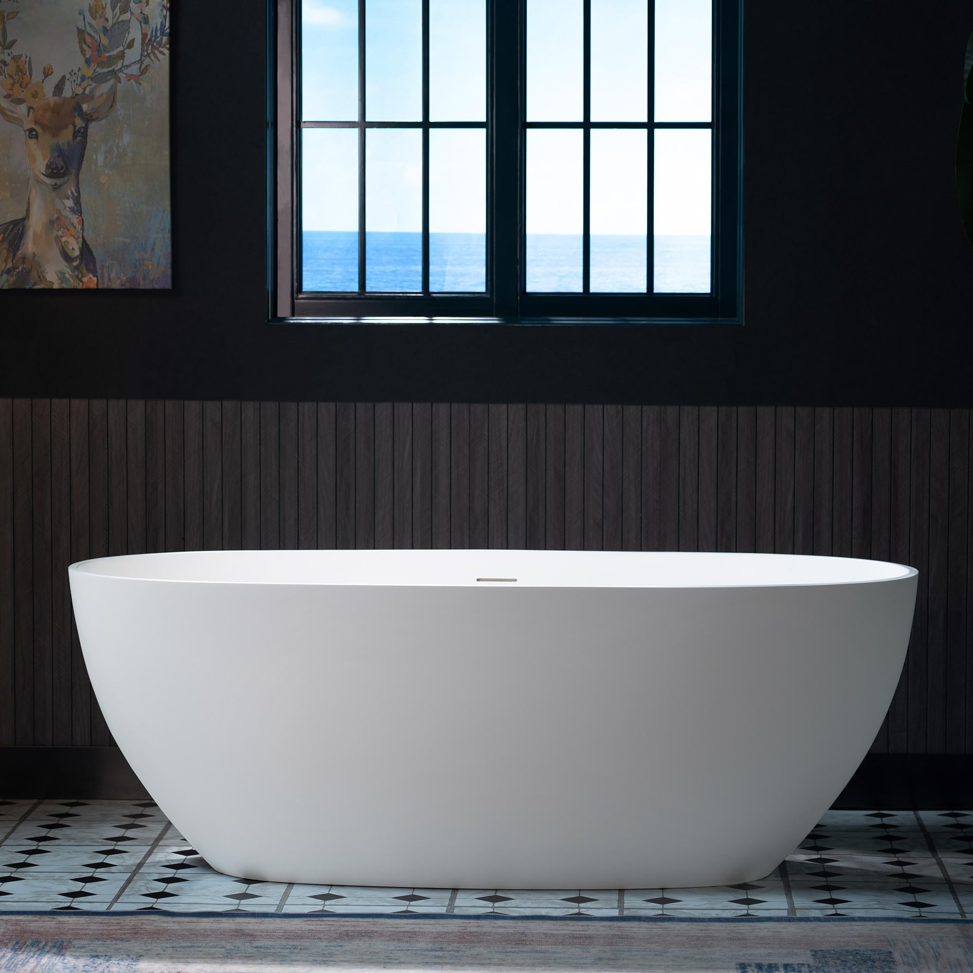 WOODBRIDGE 63" L x 28.35" W Stone Resin Luxury Contemporary Solid Surface Freestanding Soaking Tub in Matte White