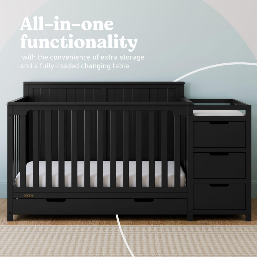 Graco Hadley 5-in-1 Convertible Crib & Changer – GREENGUARD Gold Certified, Fits Standard Crib Mattress, Converts to Toddler Bed and Full Bed, 4 Adjustable Mattress Heights (Black)