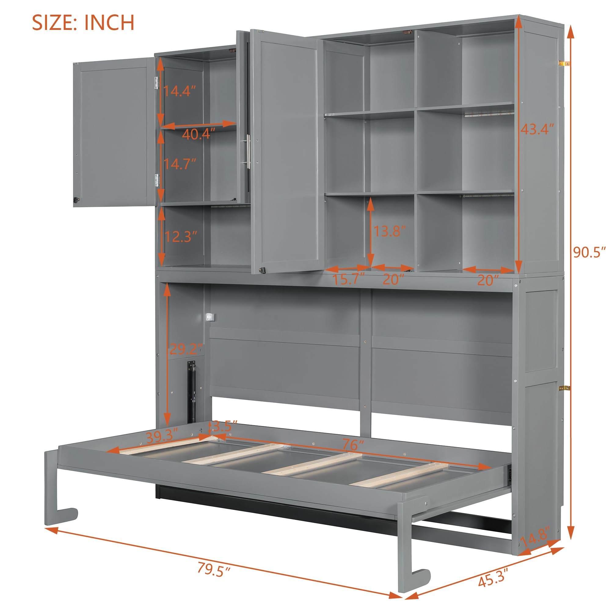 Ball & Cast Twin Size Murphy Bed,Foldable Wall Bed with Top Cabinet,Storage Shelves,Hidden Cabinet Bed Frame with Led Light and USB Port for Bedroom,Guest Room,Space Saving,No Box Spring Needed, Gray