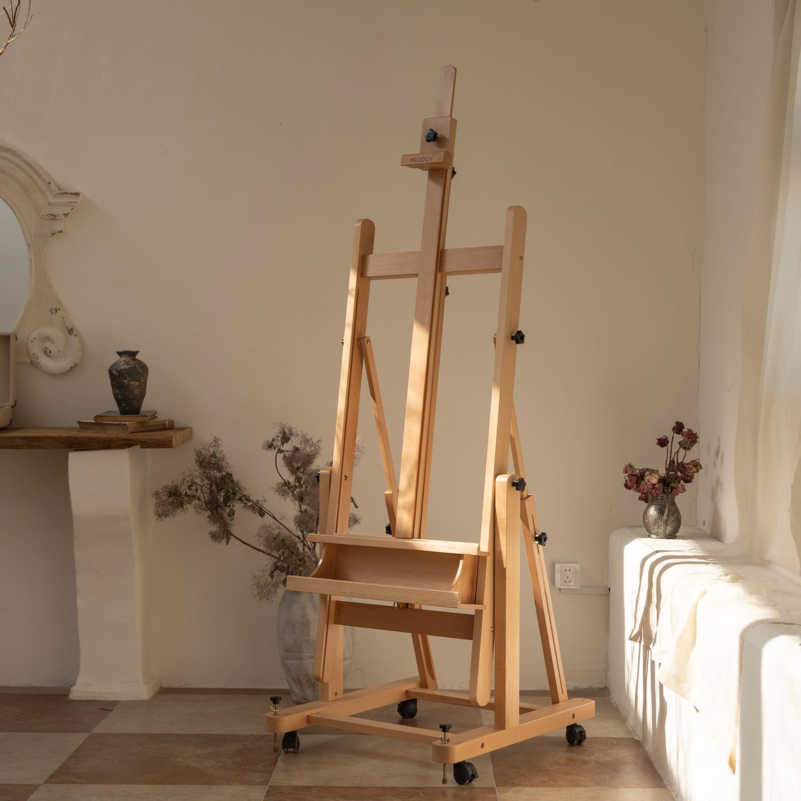 MEEDEN Enlarged Heavy-Duty H-Frame Easel: Artist Solid Beech Wooden Studio Easel - Professional Painting Art Easel Stand with 4 Lockable Wheels & Leveling Bolts - Hold Canvas up to 86" H