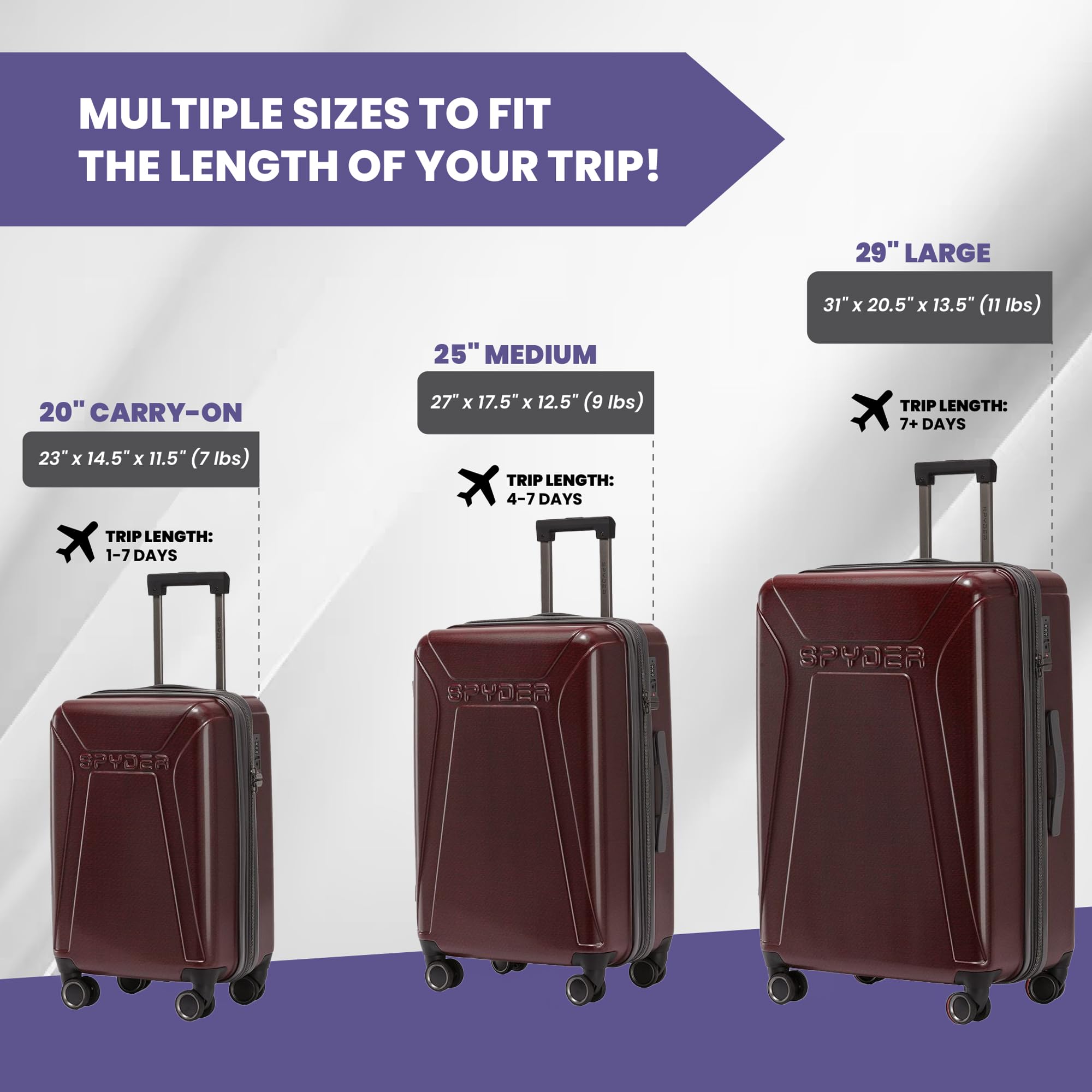 Spyder Traverse 3 Piece Carry On & Checked Suitcase Set with 360° Spinner Wheels, TSA Approved Lock (20 Inch, 25 Inch, 29 Inch), Cherry