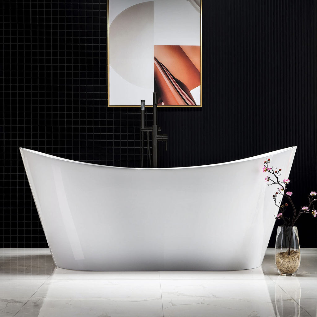WOODBRIDGE 67" Acrylic Freestanding Bathtub Contemporary Soaking White Tub with Oil Rubbed Bronze Overflow and Drain，BTA1515-ORB-Drain&O