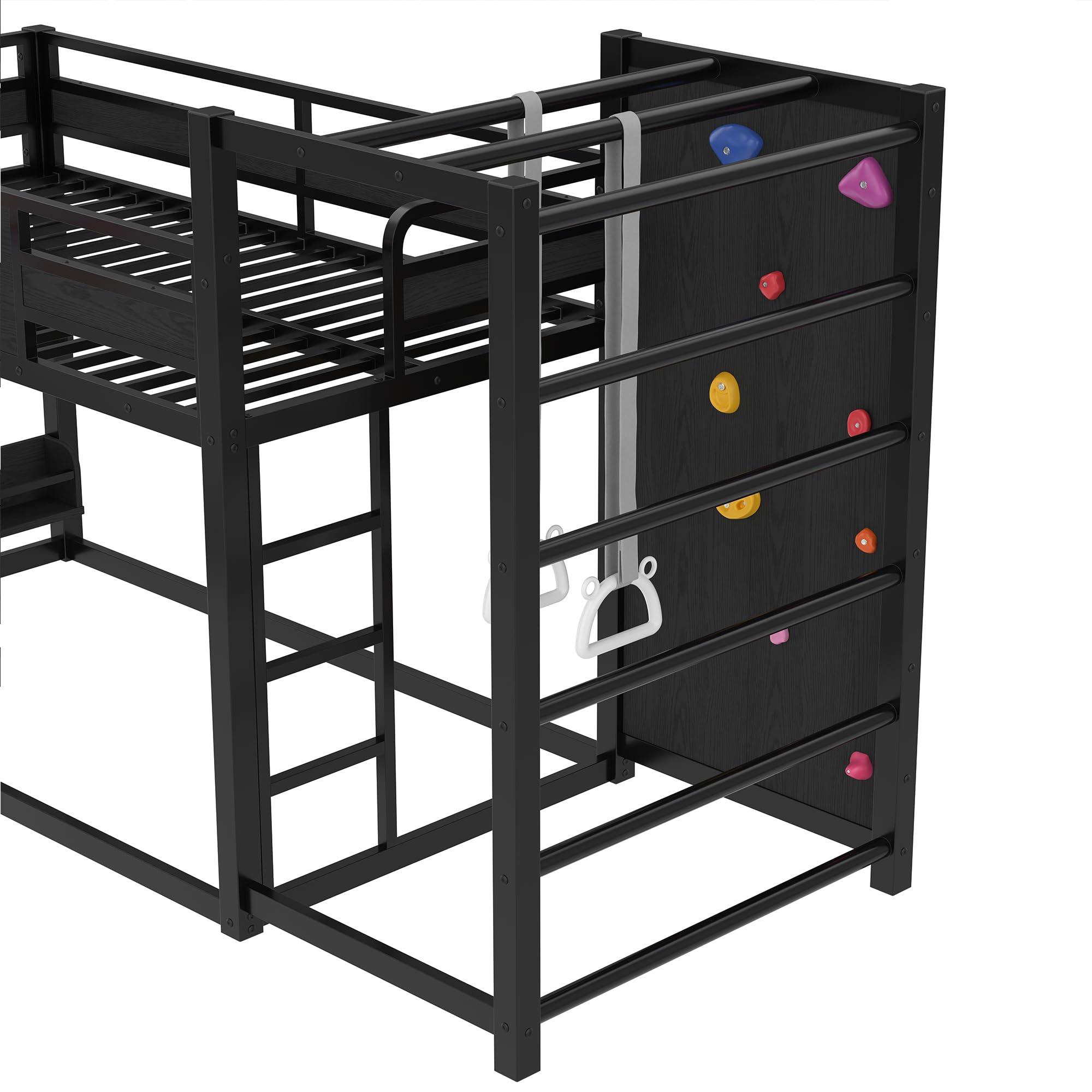 Bellemave Twin Size Bunk Bed with Basketball Hoop, Pull-up Rings and Climbing Wall, Twin Bunk Bed with Slide and Bookcase, Heavy Duty Bunk Beds with Guardrail, Black