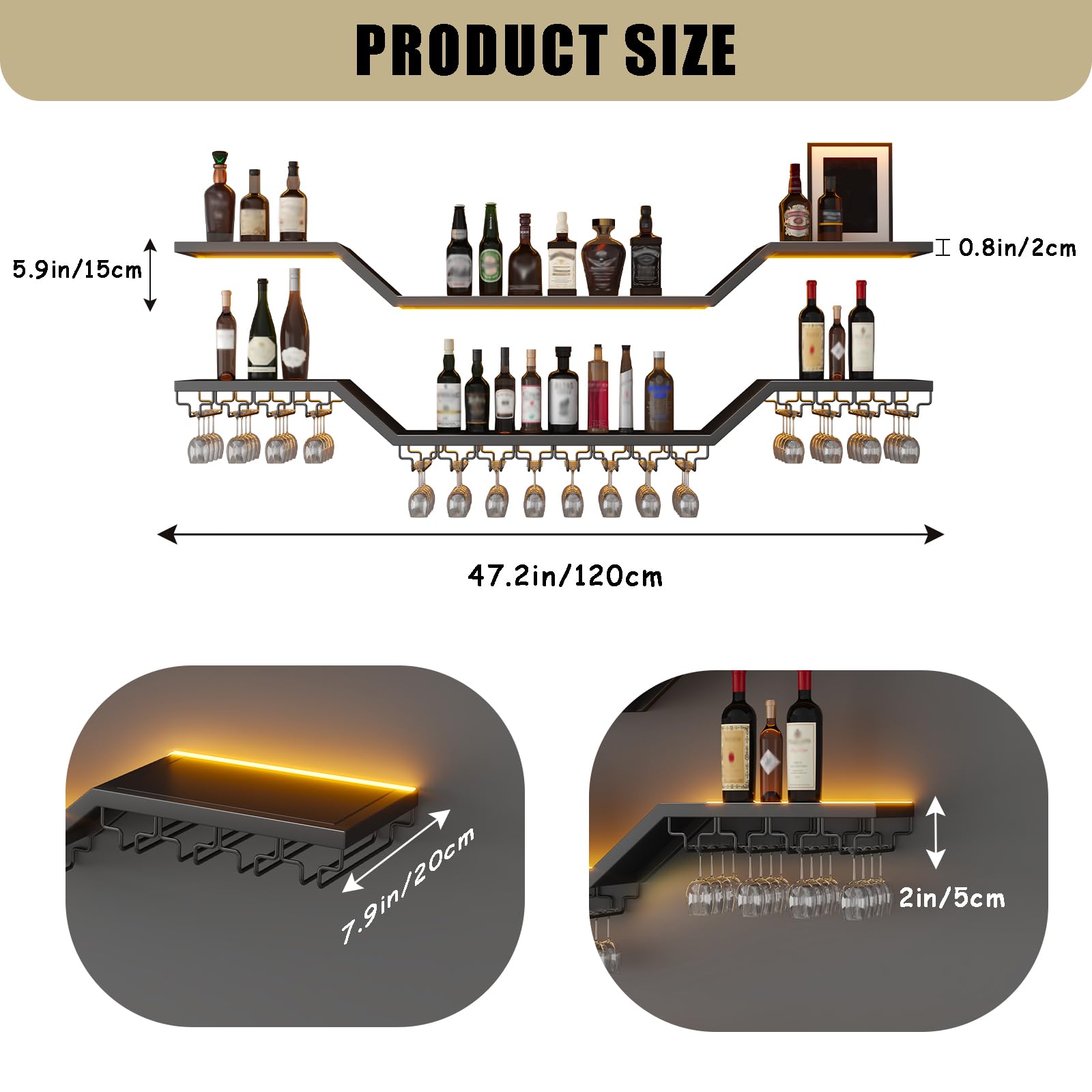 47.2in Modern LED Wine Rack Wall Mounted, 3-Tier Floating Bar Shelves with Wine Glass Rack, Large Hanging Liquor Shelf Wall Mounted, for Home Bar Dining Room Cafe Decorative (Black, 47.2in/120cm)