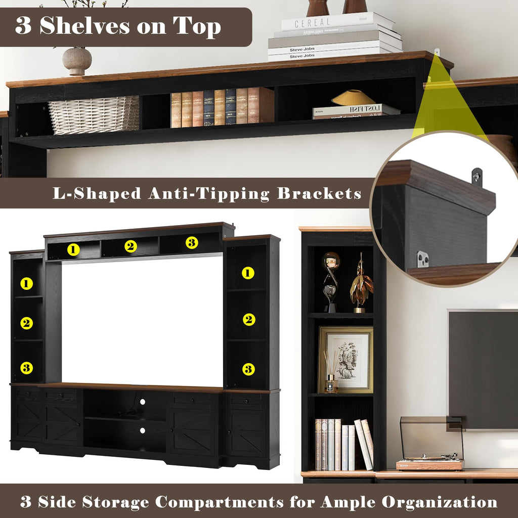 Merax 98.8" W Black Entertainment Center with Bookshelves for Living Room, Wooden Wall Unit TV Stand with Storage for TVs up to 80", Media Console with Drawers, Outlets, Cabinets & Adjustable Shelves