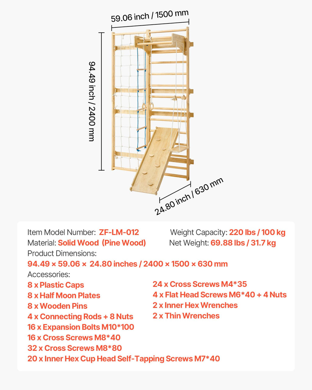 VEVOR Swedish Ladder Wall Gym, 8-in-1 12-Level Solid Wood Gymnastic Stall Bars for Kids Adults, 220LBS Indoor Jungle Gym Playset with Climbing Board, Gym Rings, Pull-Up Bar, Wall Ladder, Slide, Swing