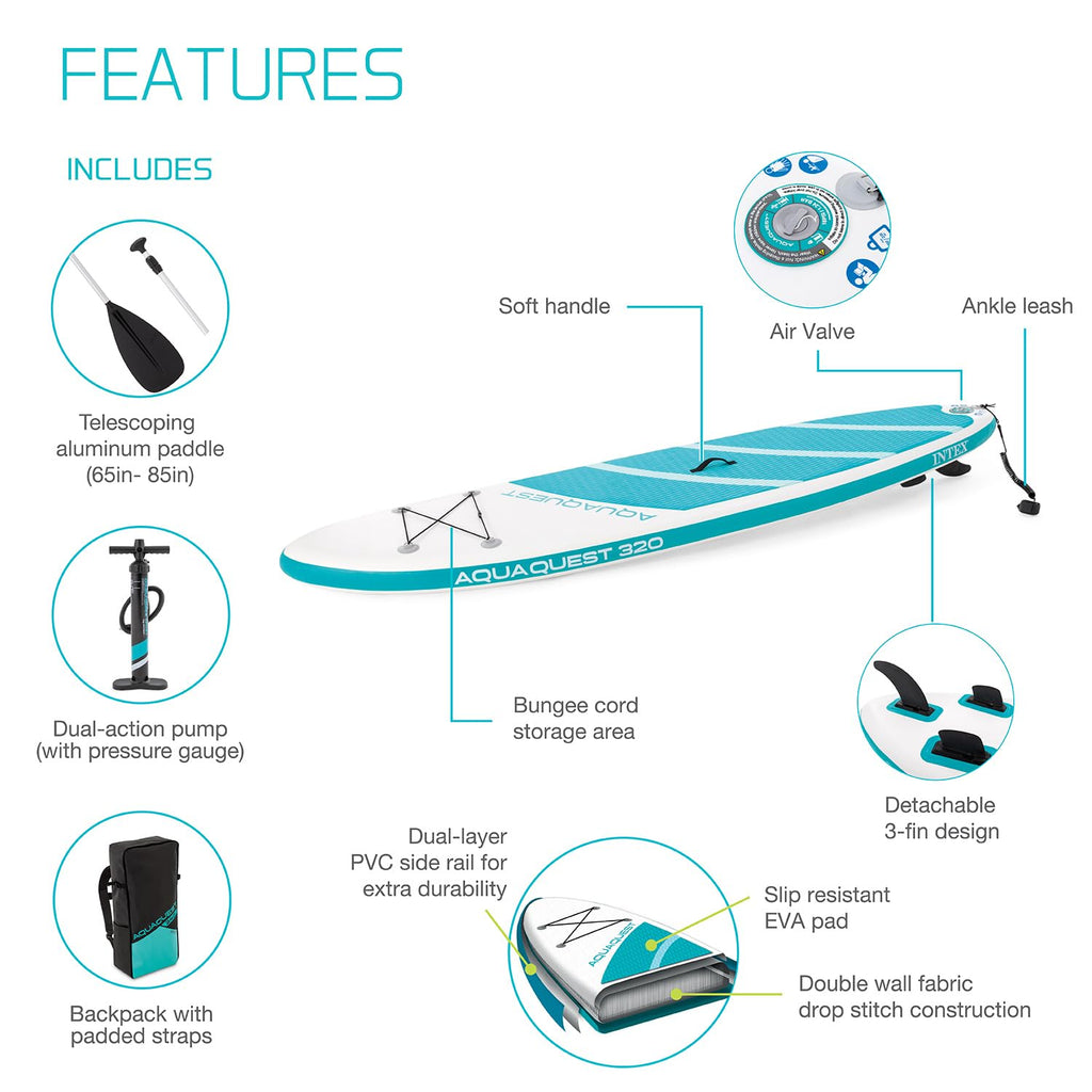 INTEX 68242EP AquaQuest 320 10ft Inflatable Paddle Board Set: Tri-Fin Design – Slip-Resistant EVA Pad – Includes Adjustable Paddle and High Pressure Pump – Storage Rope – 330lb Weight Capacity