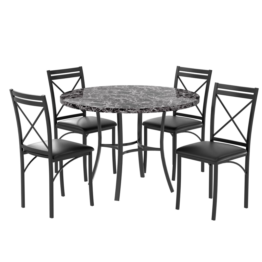 VECELO 5 Piece Dining Table Set for 4, Faux Marble Dinette with Chairs for Kitchen, Breakfast Nook, Small Space, Pure Black