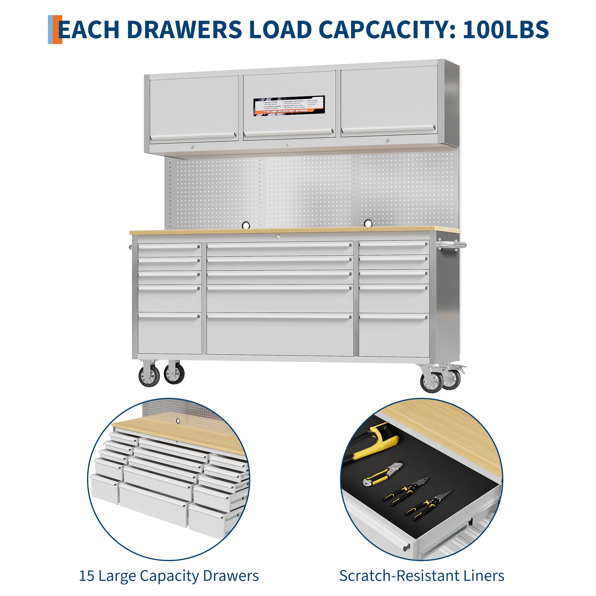 IDEALHOUSE 72 inch Rolling Tool Chest, Garage Workbench with 15 Drawers, Solid Rubber Wood Top & with Wheels Lock Key Locking, Mobile Workstation Tool Cabinet for Workshop Storage