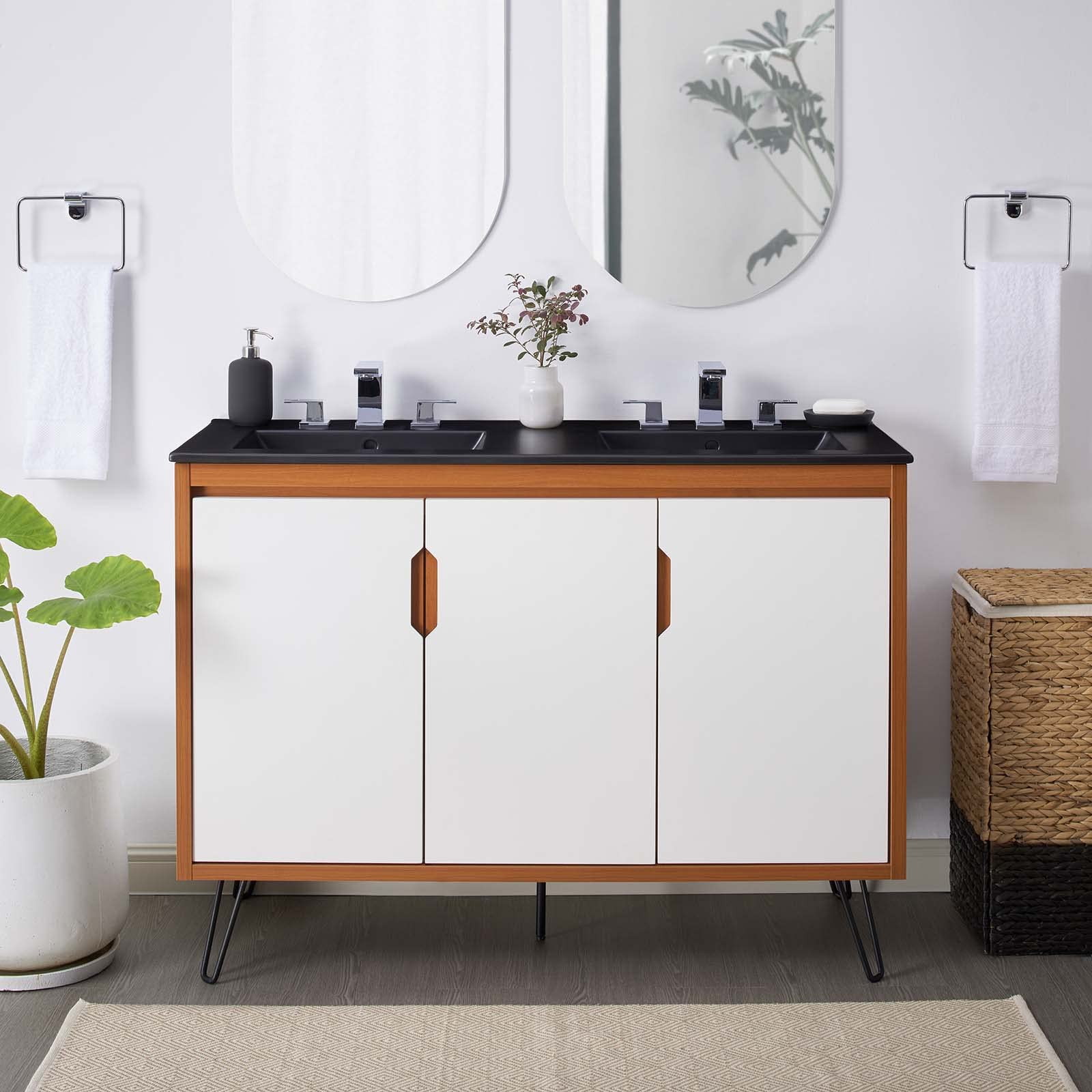 Modway Energize 48" Mid-Century Bathroom Vanity Cabinet with Ceramic Sink Basin Combo in Cherry White Black