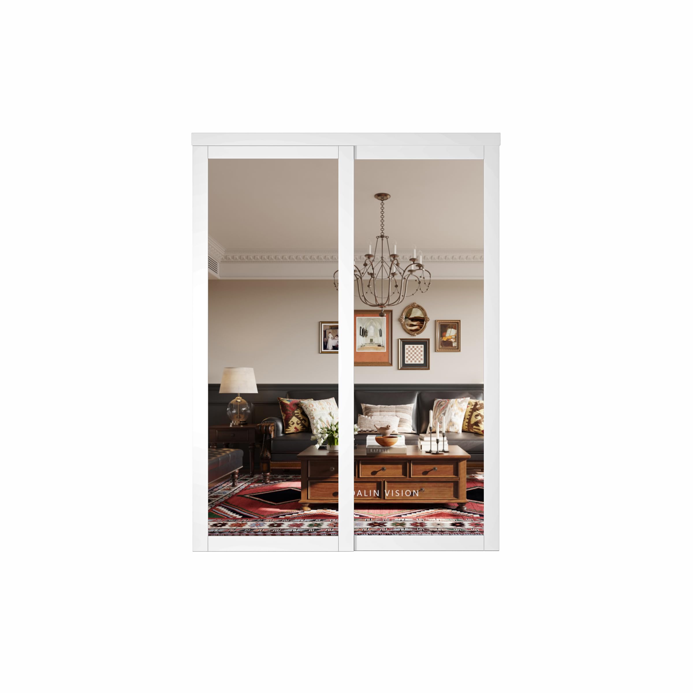 SOLRIG Closet Doors, 60"(Double 30.98") x 80" Mirror Closet Doors,1-Lite Mirror Sliding Door with Hardware Track Kit & Floor Guide, Finished Doors 2 Panels, MDF, White
