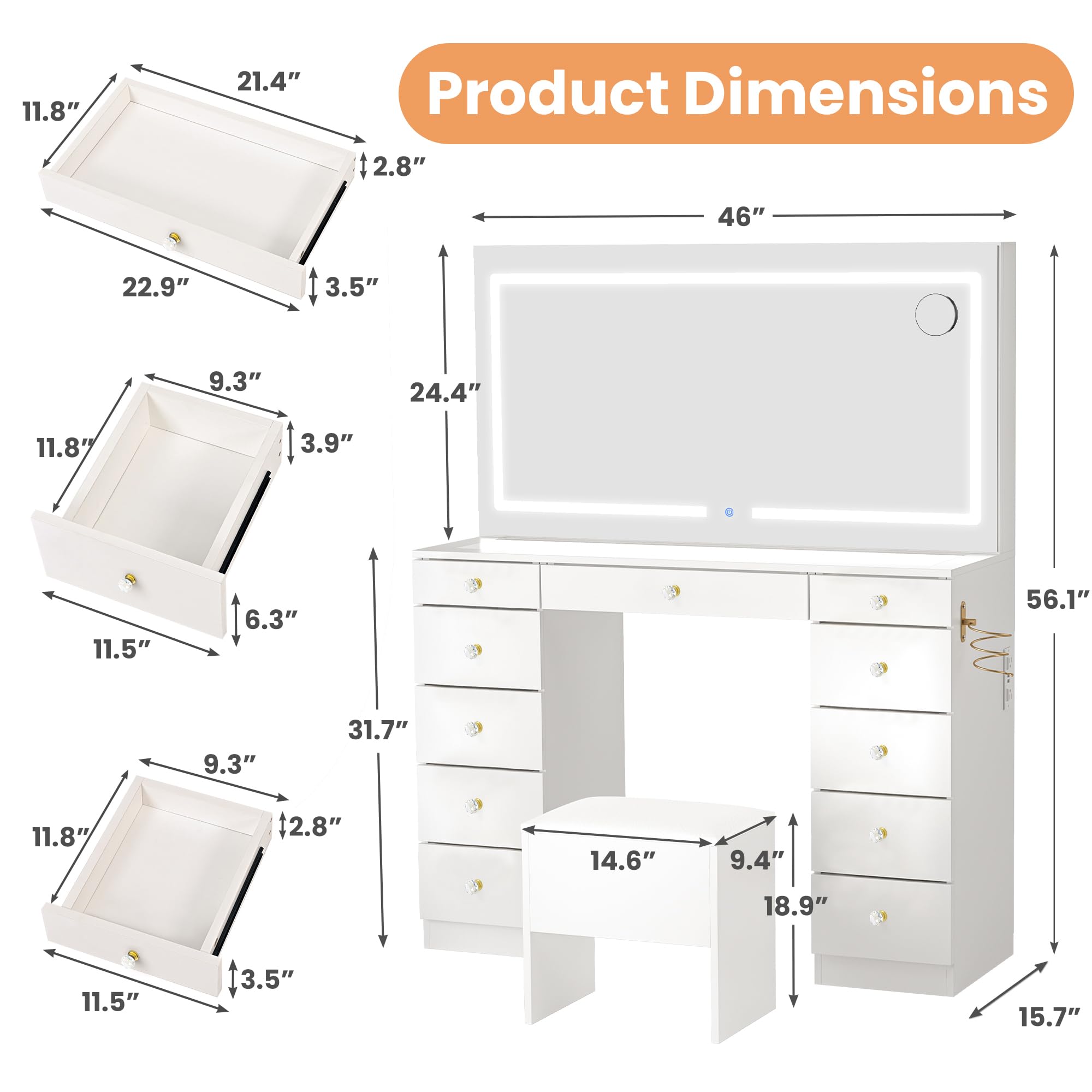 Pamapic Glass Top Makeup Vanity with Crystal Handles, 11 Drawers Vanity Desk with Mirror and Stool, 3 Lighting Modes Dressing Table with Charging Station, White