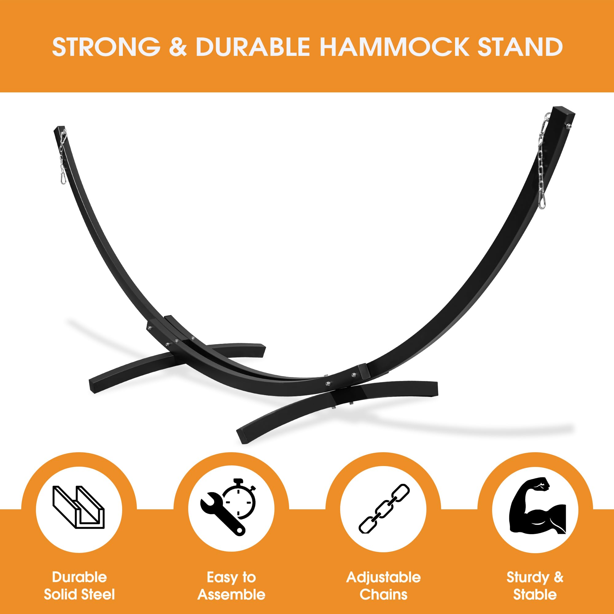 Lazy Daze Hammocks 12 Ft Heavy Duty Steel Arc Hammock Stand with Carabiner and Chain, 2 Person Weather-Resistant Curved Stand for Outside, Backyard, Patio, 500 Lbs Capacity, Wood Grain