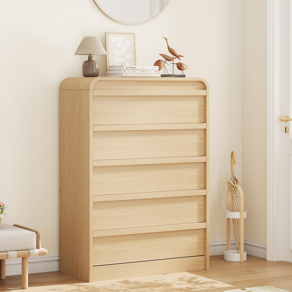 Garvee 5 Drawer Dresser for Bedroom, 45" Tall Wooden Dressers with Curved Profile Design, Mid Century Chest of Drawers Closet Clothes Storage Organizer for Living Room, Entryway, Nursery, Natural