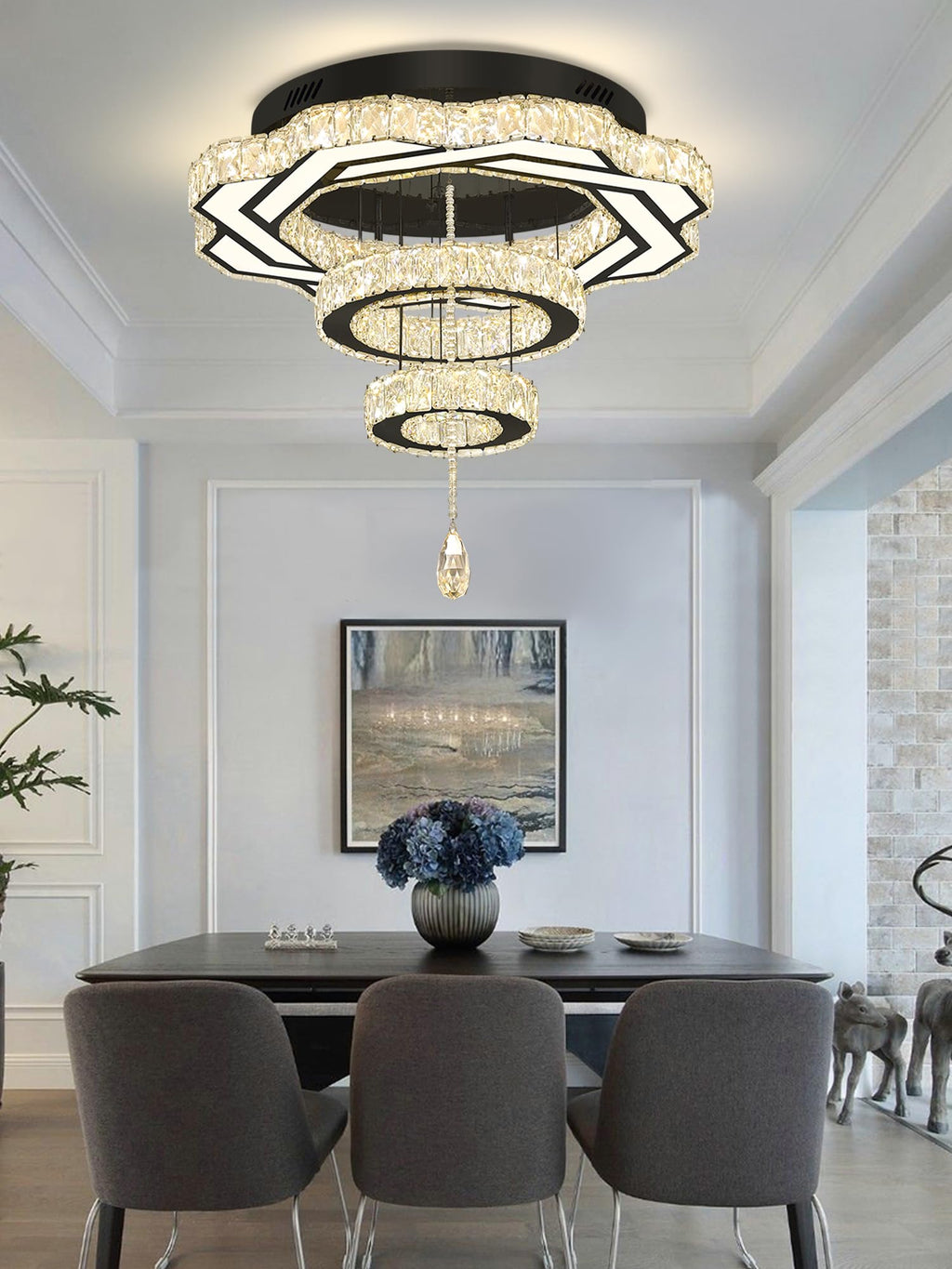 Flashing God Modern Crystal Chandeliers Dia 24" Black Chandelier Flush Mount Ceiling Light for Bedroom Living Room Dining Room Hallway Dimmable 3 Rings LED Celing Lighting Fixtures