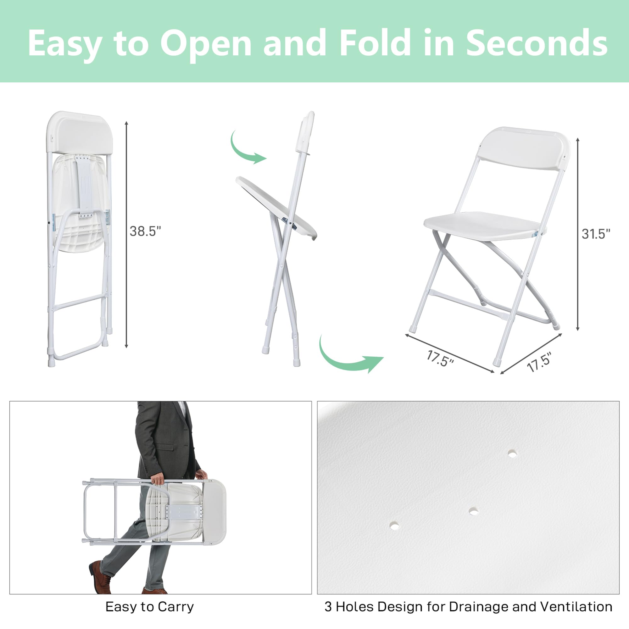 OLLODOT 20 Pack White Folding Chairs with 350-LBS Capacity, Foldable Portable Indoor Outdoor Chairs, Stackable Commercial Seat with Steel Frame for Office, Party, Events, Wedding, Kitchen &Dinning