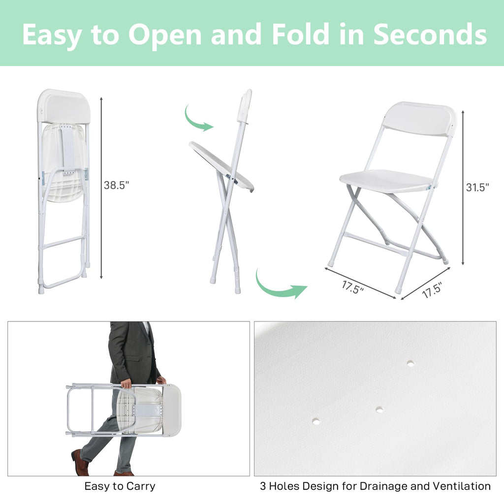 OLLODOT 50 Pack White Folding Chairs with 350-LBS Capacity, Lightweight Portable Indoor Outdoor Chairs, Stackable Commercial Seat with Steel Frame for Office, Party, Events, Wedding, Kitchen &Dinning