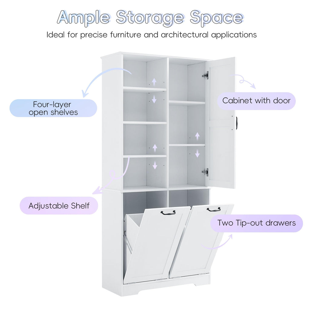 Merax Tall Storage Cabinet with Door and Open Shelf, Multi-Functional Laundry Hamper Basket for Home Bathroom, Laundry Room, White