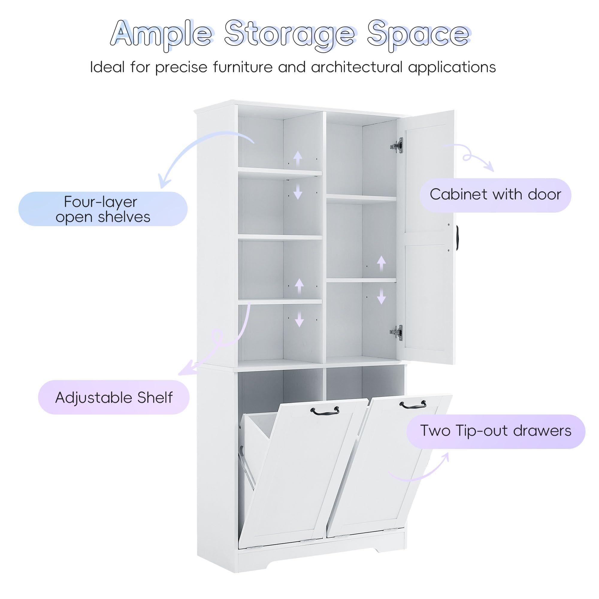 Merax Tall Storage Cabinet with Door and Open Shelf, Multi-Functional Laundry Hamper Basket for Home Bathroom, Laundry Room, White