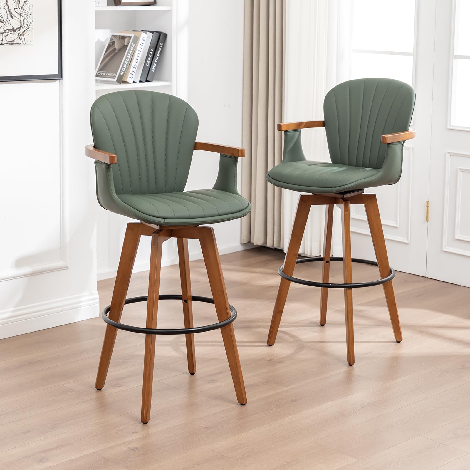 LUNLING 30” Bar Height Stools Set of 3.Mid Century Modern Bar Stools,Green PU Leather Kitchen Island Stools,Wood High Barstools Swivel with Back and Arms for Home Bar Furniture