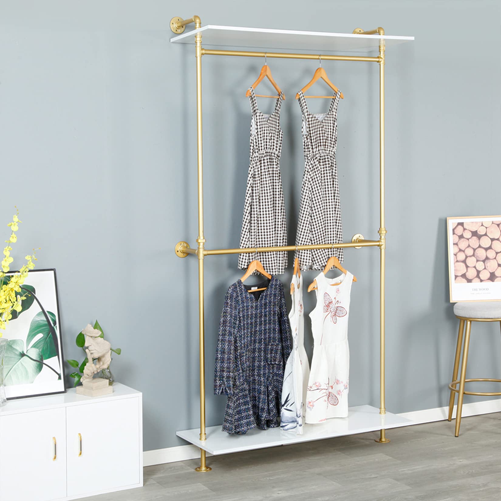 FURVOKIA Modern Simple 2 Tier Industrial Pipe and Wood Garment Rack,Wall Mounted Double Hanging Rods Clothing Rack,Retail Display Storage Clothes Hanging Shelves (One Shelves,Gold, 47.2"L)