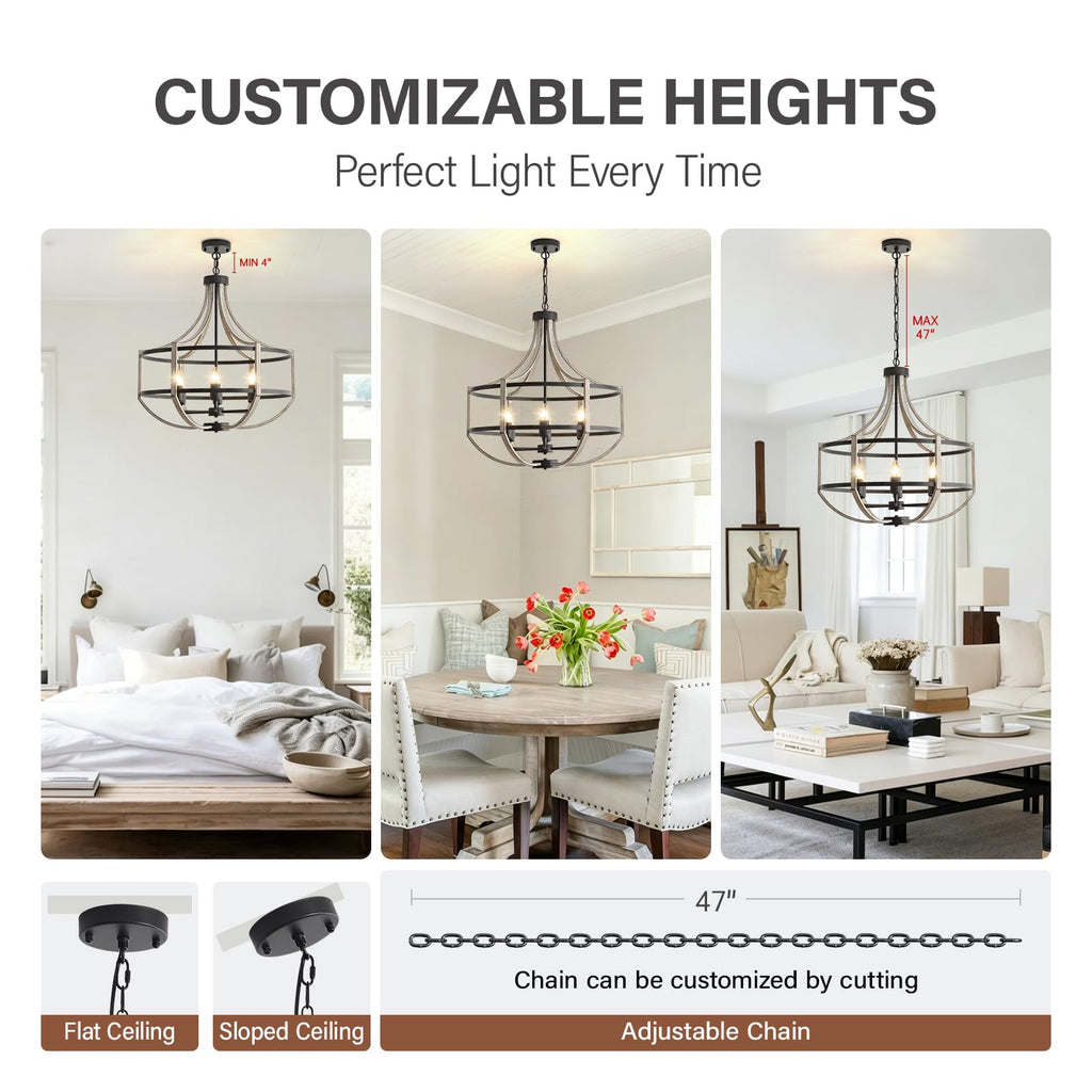 23.6" Farmhouse Chandelier for Dining Room, 6-Light Distressed White Faux Wood Pendant Light Fixtures, Antique Vintage Foyer Chandelier for Entryway Kitchen Island Living Room