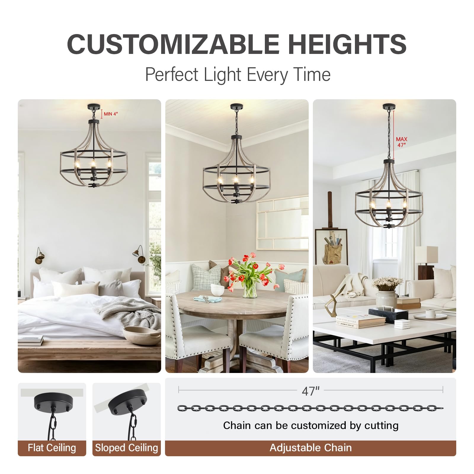 23.6" Farmhouse Chandelier for Dining Room, 6-Light Distressed White Faux Wood Pendant Light Fixtures, Antique Vintage Foyer Chandelier for Entryway Kitchen Island Living Room