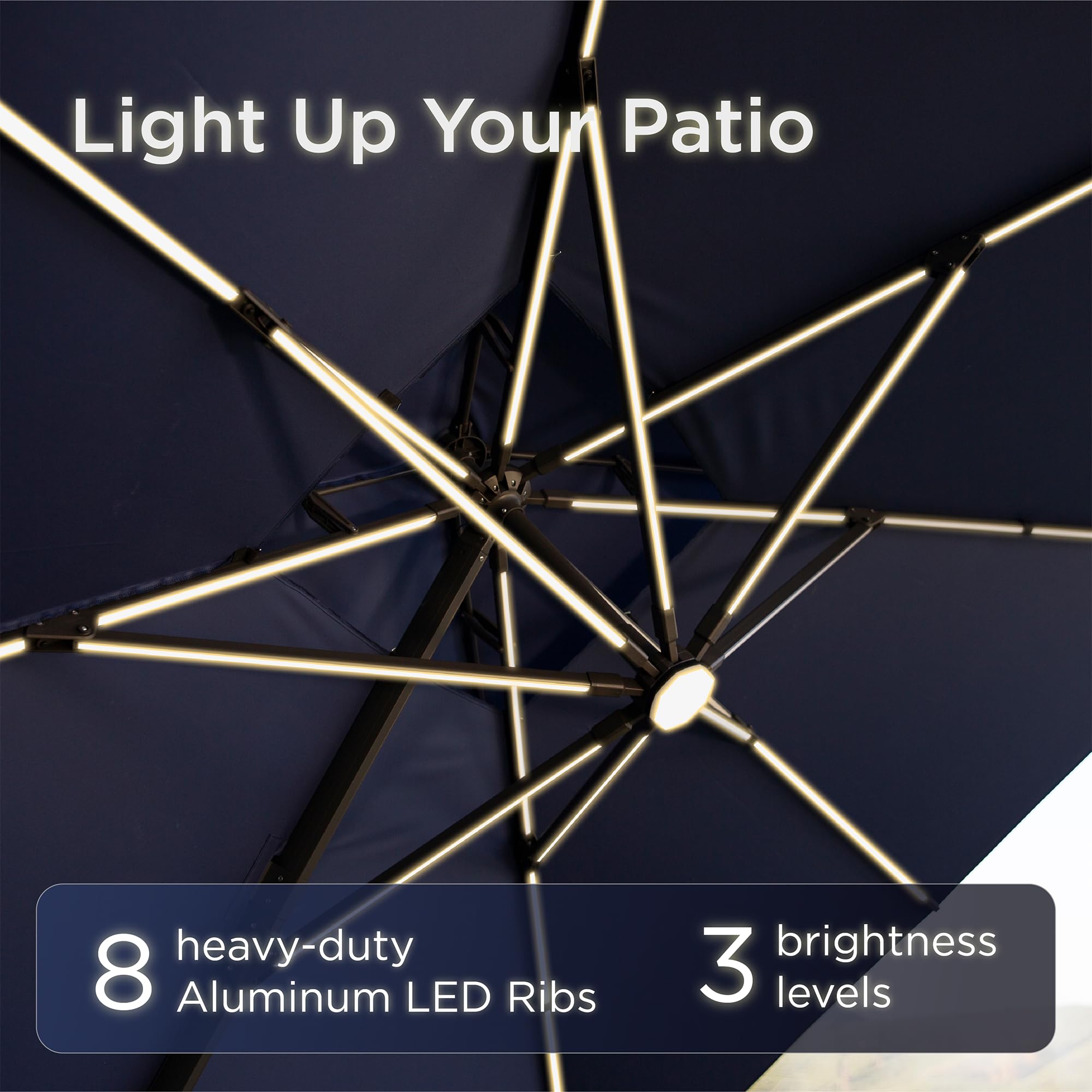 Deconk 10x10 FT Cantilever Patio Umbrella with Led Lights Double Top Outdoor Square Heavy Duty Offset Umbrellas 360°Rotation Free-motion Track Tilt Windproof for Pool Deck Garden, Navy
