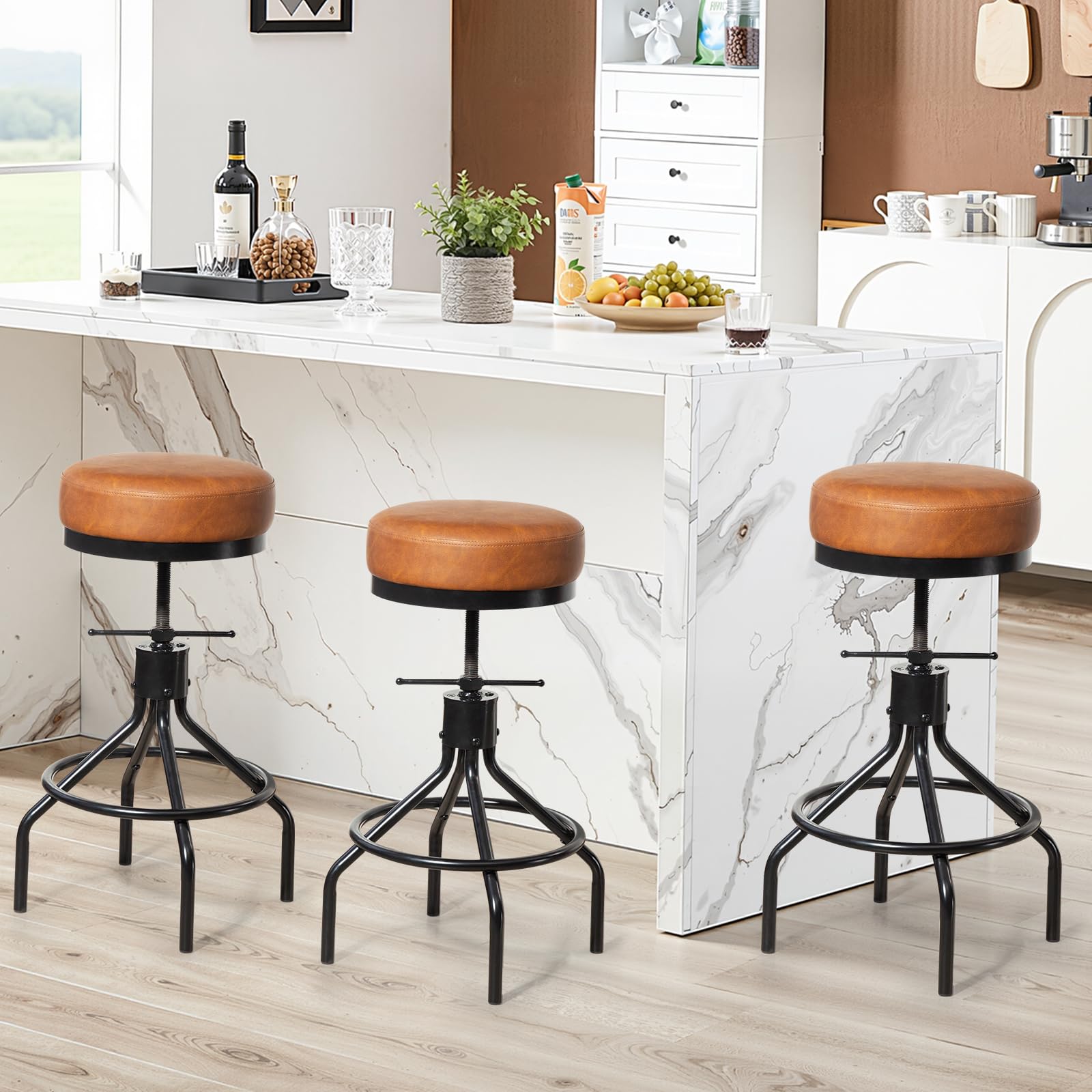 Adjustable Height Bar Stools Set of 3, Swivel Modern Industrial Barstools, Upholstered PU Leather Bar Chairs, Counter Height Stools 22-28 Inch for Kitchen Island, Dining Room (MY-D017-Brown-3)
