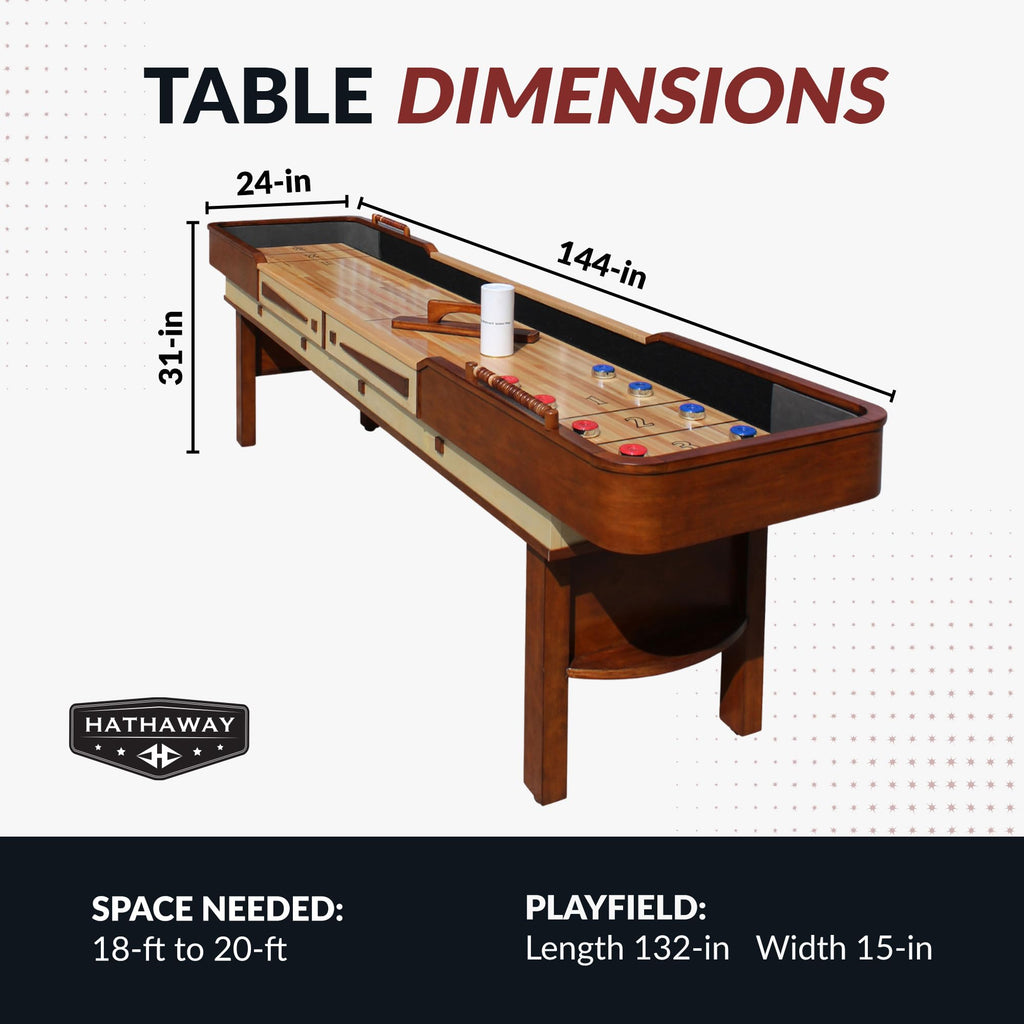 Hathaway Merlot 12 Foot Shuffleboard Table for Family Game Room - with Lacquer Coated Playfield, Built-in Scorer and Cabinet, Climate Adjusters, Leg Levelers, 8 Pucks, Brush, and Wax - Walnut Finish