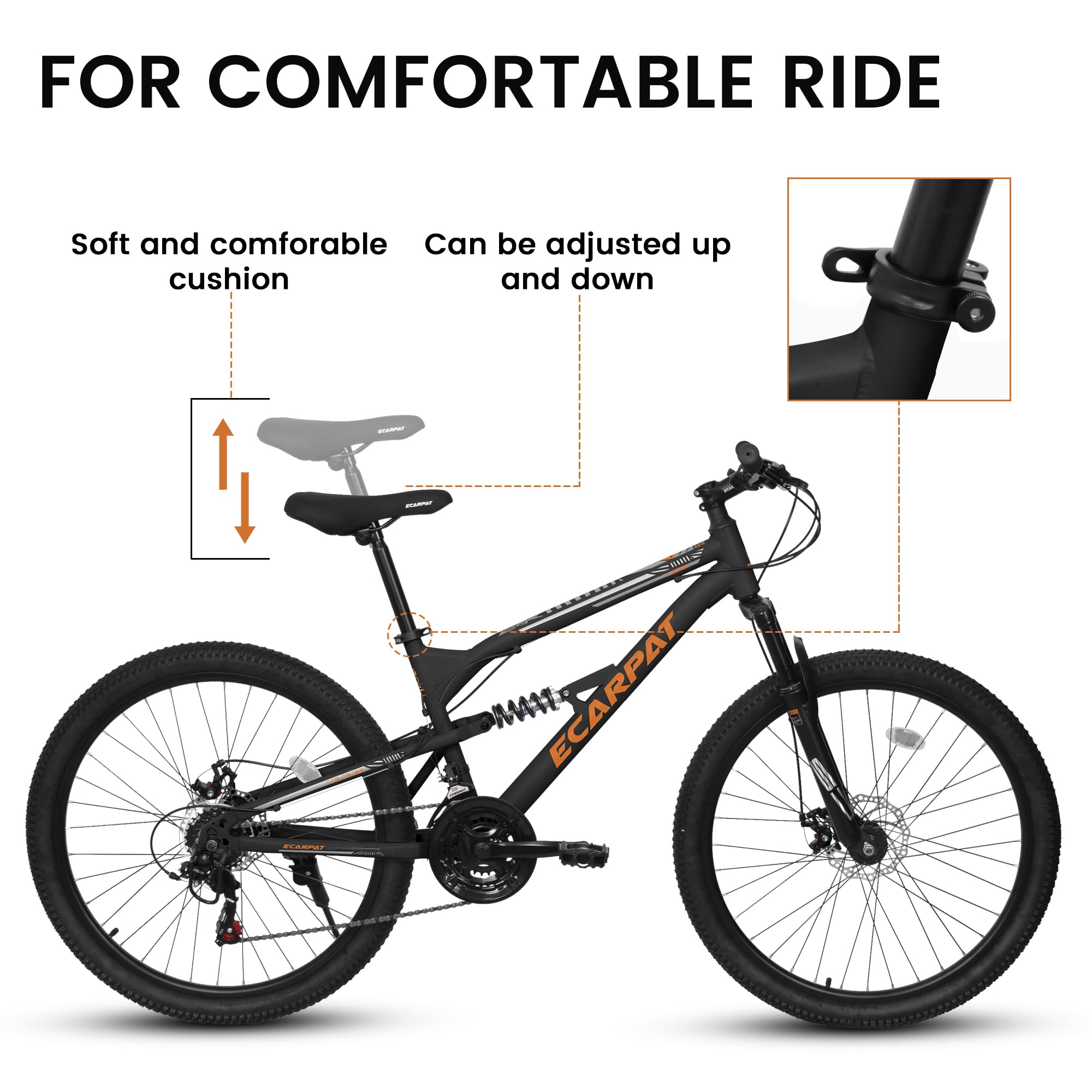 Ecarpat 24 inch Mountain Bike Full Suspension, 21 Speeds Dual Disc Brake Men Boys Bike for 10+ Years, Carbon Steel Frame, Trail Beach Snow Commuter City Bikes, Birthday Gift Choice