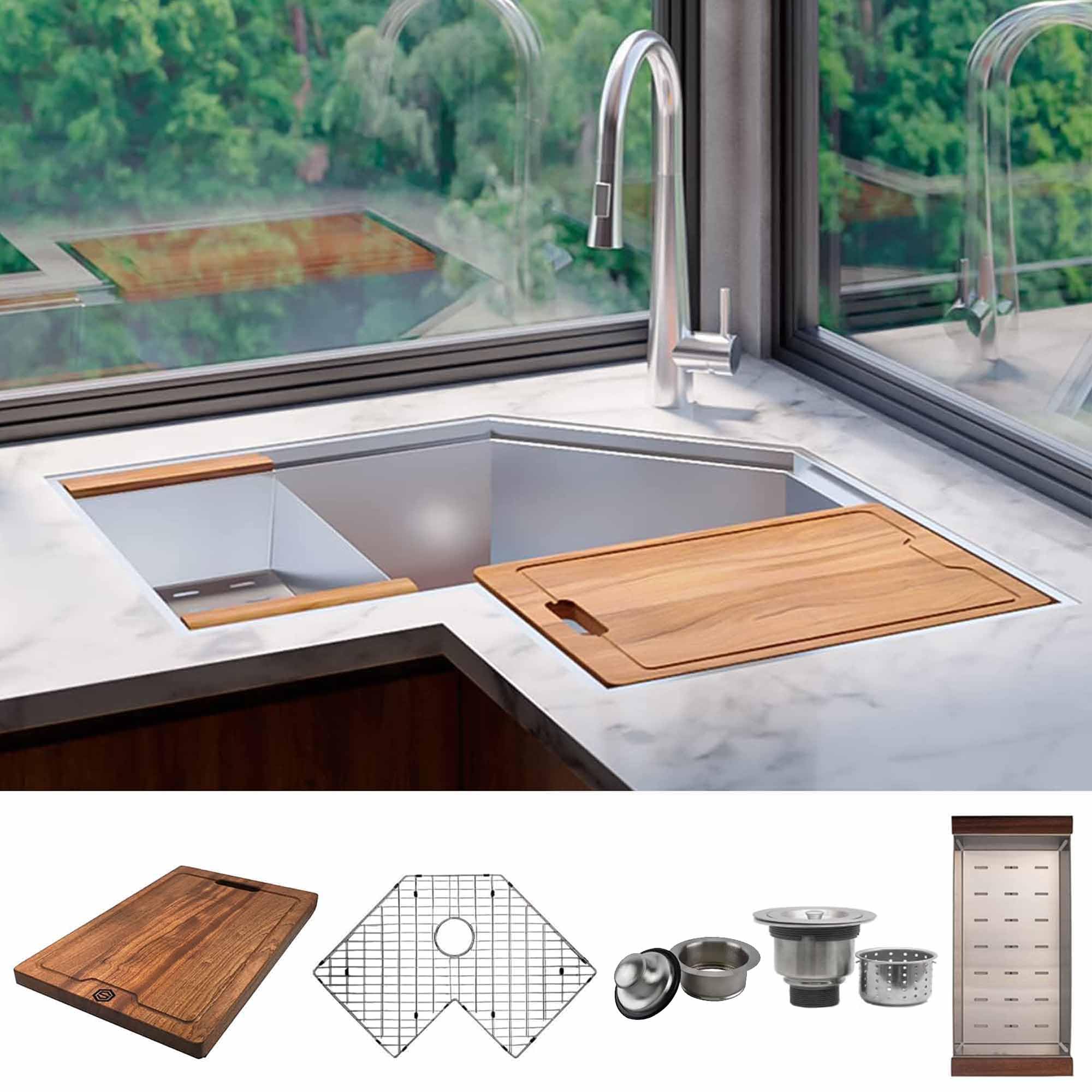 Strictly Sinks 30 Inch Corner Kitchen Sink Undermount– 16 Gauge Stainless Steel Butterfly Sink Undermount, Scratch & Stain Resistant Corner Single Bowl Workstation Sink with Accessories (Silver)