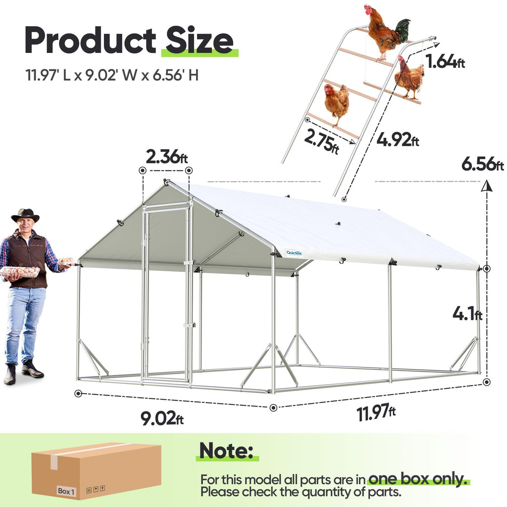 Quictent Advanced Series 12x9 ft Metal Chicken Coop Run with Climbing Ladder, Large Walk-in Outdoor Poultry Cage Heavy Duty Predator Proof Hen Duck Rabbit Farm Pen House, Waterproof Anti-UV Cover