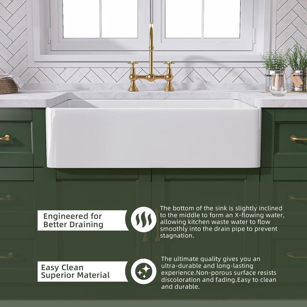 TUKTUK White Farmhouse Sink 33 inch Fireclay Apron Front Farm House Kitchen Sink Single Bowl Deep Drop In Undermount Reversible Heavy Duty Easy to Clean Porcelain Kitchen Basin Modern Luxury Accessory