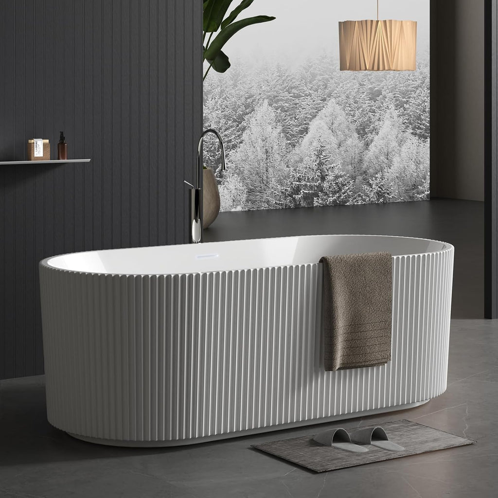 59'' Freestanding Bathtub, Deep Acrylic Soaking Tub with Non-Slip Base, cUPC Certified Modern Free Standing Tub, Chrome Drain, White Bath Tub for Bathroom Remodel and Spa-Like Comfort