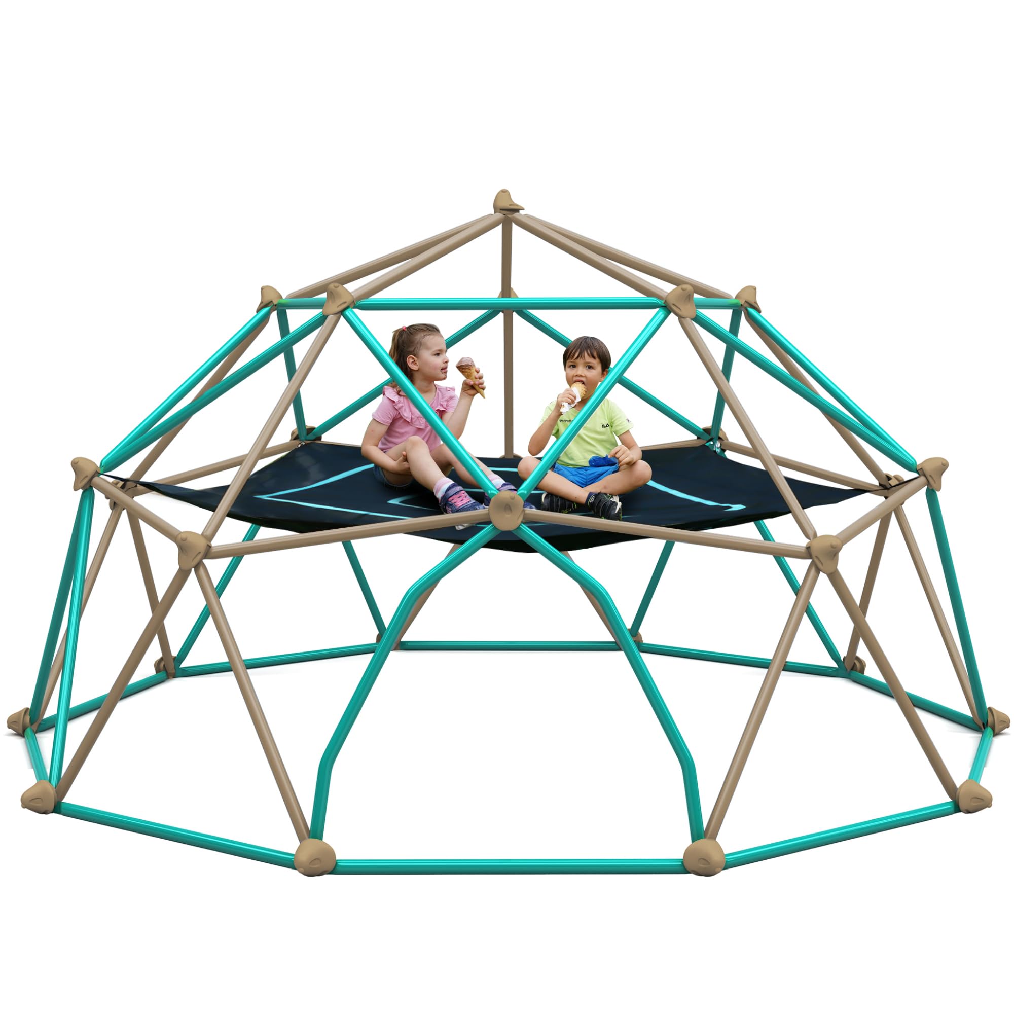 Merax Climbing Dome with Hammock, Outdoor 12FT Dome Climber Play Den for Kids 3-10 Supporting 1000 lbs, Easy Assembly Playground Jungle Gym Backyard Play Equipment (Blue+Coffee)