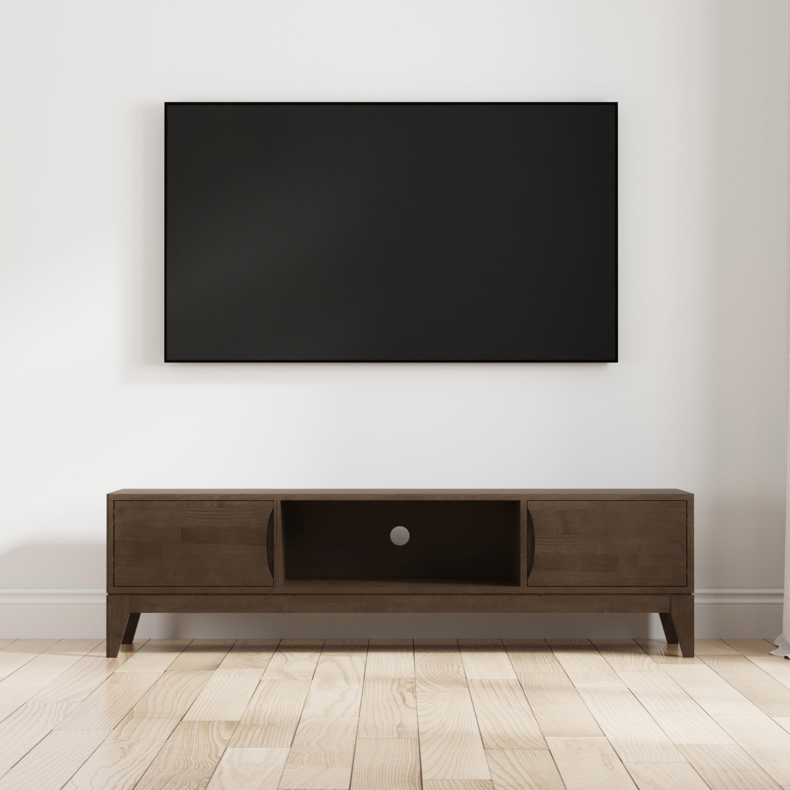 SIMPLIHOME Harper TV Stand - 72 inch Wide Solid Wood Low Media Console in Walnut Brown, Mid Century Modern Entertainment Center for Living Room for TVs up to 80 Inches with Shelf and Cord Management
