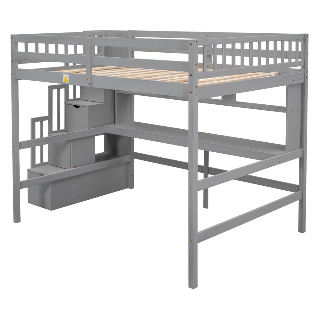 Bellemave Full Size Loft Bed with Desk and Storage Shelves,Wood Loft Bed Frame with Storage Staircase,High Loft Bed Full for Kids,Teens, Adults,Grey