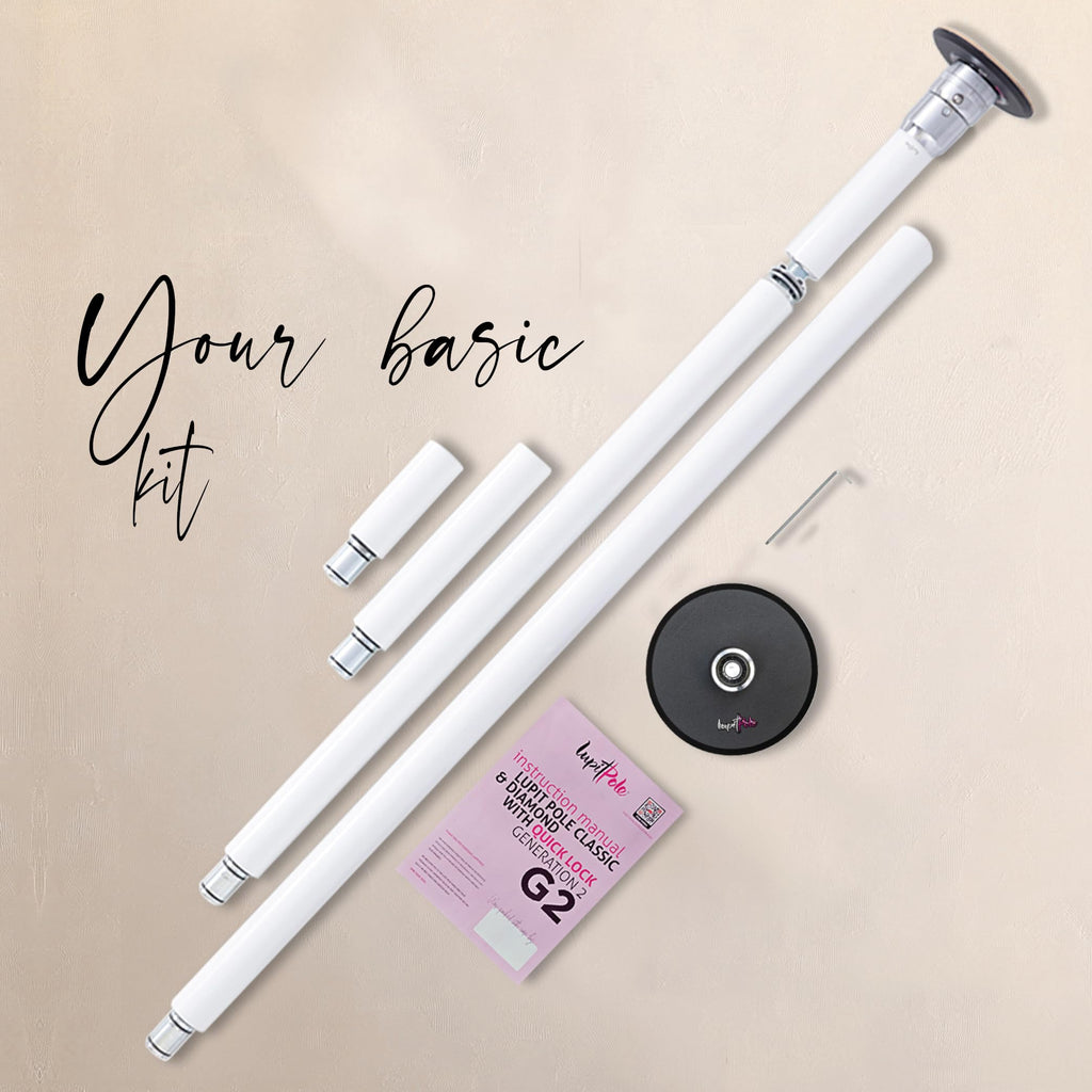 LUPIT POLE Classic G2 Quick Lock - Portable Dance Pole for Home - Spinning & Static Mode - Professional Pole Dancing Pole for Apartment, Club & More - Easy Installation - No Drilling (White, 45 mm)