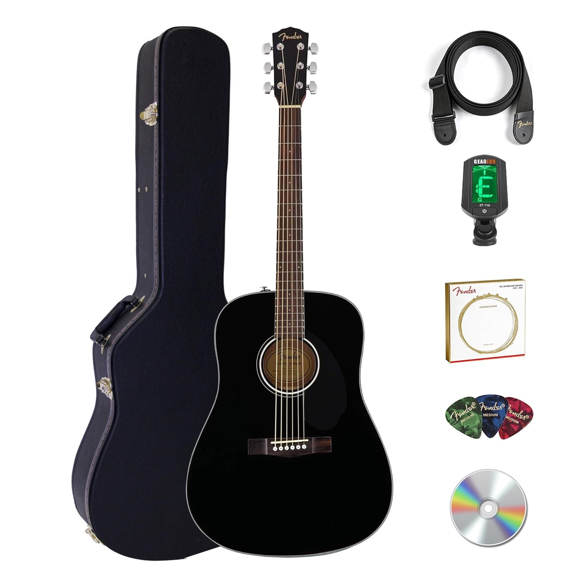 Fender CD-60S Solid Top Dreadnought Acoustic Guitar - Black Bundle with Hard Case, Tuner, Strap, Strings, Picks, and Austin Bazaar Instructional DVD
