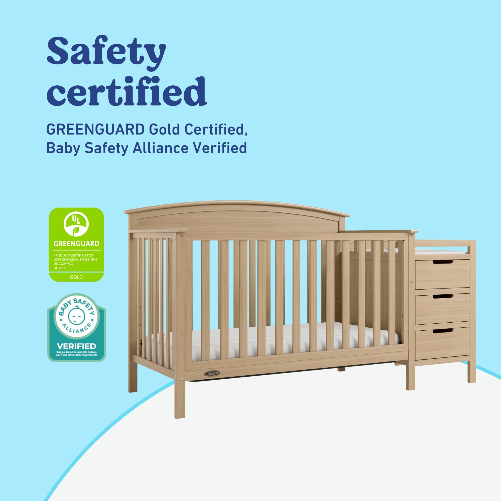 Graco Benton 4-in-1 Convertible Crib and Changer – GREENGUARD Gold Certified, Crib & Changing-Table Combo, Water-Resistant Changing Pad, Converts to Toddler Bed, Daybed and Full-Size Bed (Driftwood)