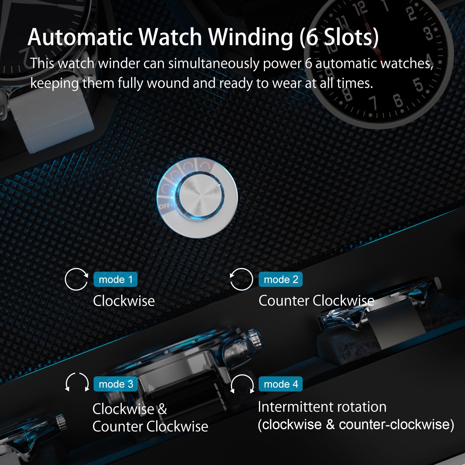 XTELARY Watch Winder for 6 Automatic Watches, Green Lockable Automatic Winders with Extra 6 Watch Storages, 4 Rotation Modes, Flexible Watch Pillows, Quiet Mabuchi Motor, and Blue Backlight