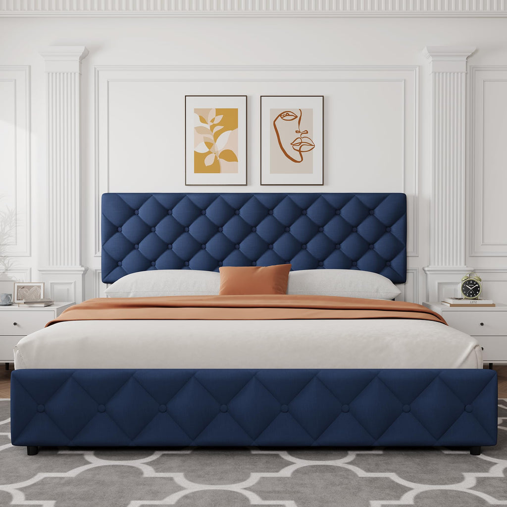 King Size Bed Frame with 4 Storage Drawers, Linen Upholstered Platform Bed Frame with Headboard and Footboard, Wooden Slats Support, Diamond Stitched Button Tufted, No Box Spring Needed, Blue