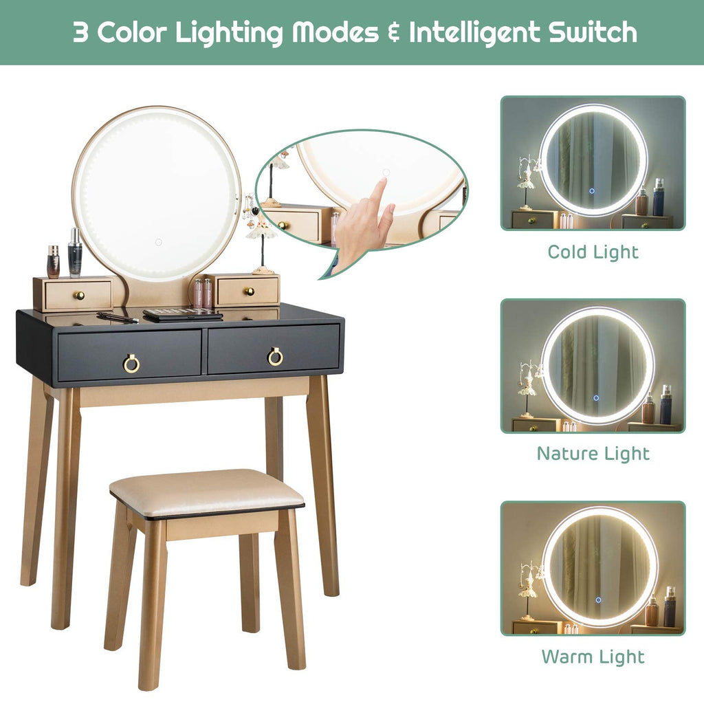 FANTASK Vanity Table Set, LED Lighted Makeup Table w/ 3 Color Round Lighting Mirror Touch Screen 4 Drawers, Makeup Dressing Table w/Cushioned Stool for Bedroom (Black)