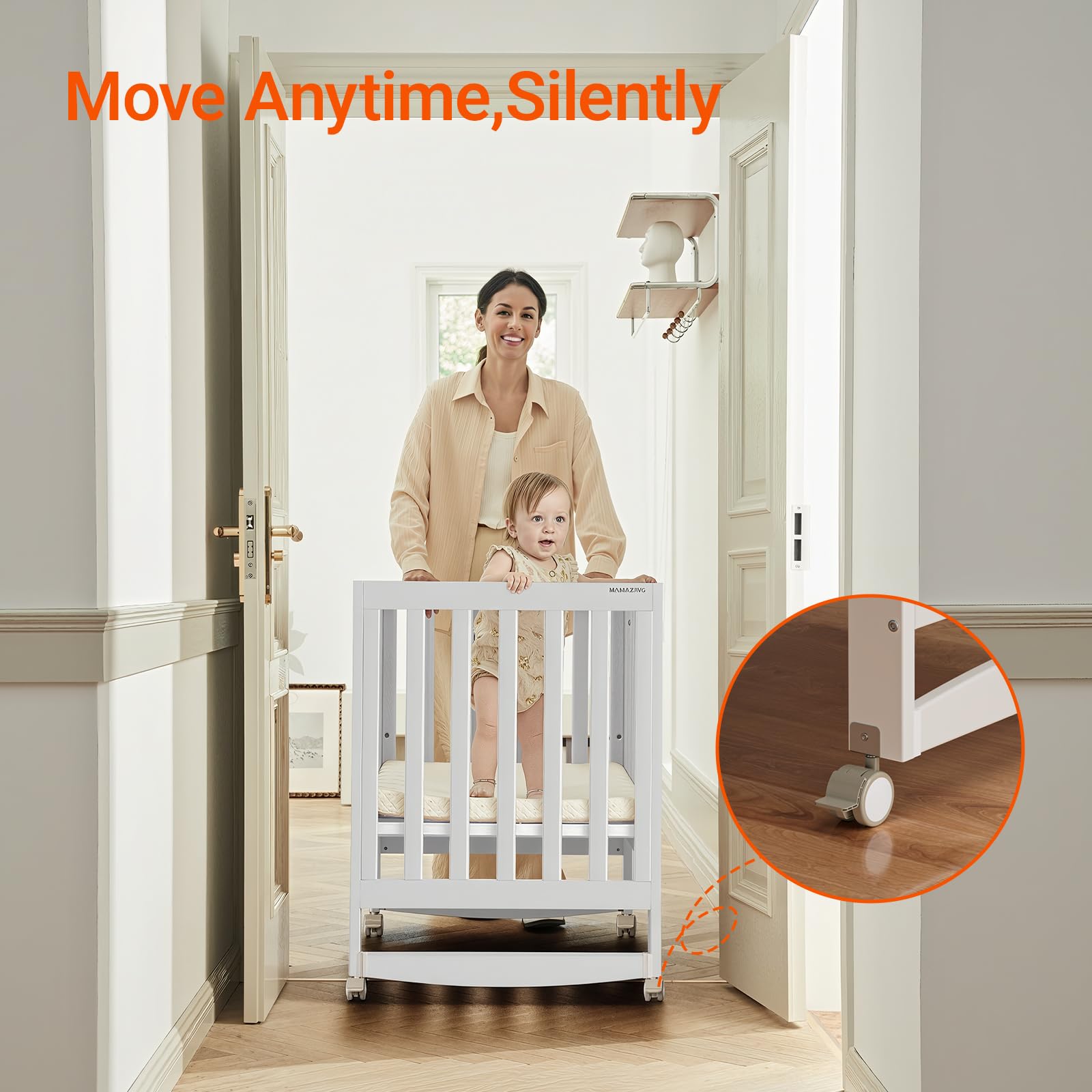 MAMAZING EvoNest Baby Crib, 11 in 1 Convertible Crib with Wheels, 100% New Zealand Wood Growing Bed, Full Size Crib for Baby, 4 Adjustable Mattress Height, White
